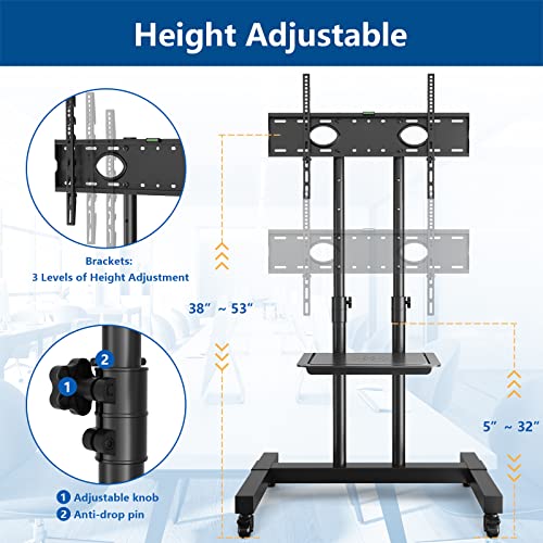 Mobile TV Cart for 32-75 Inch Screens up to 110 lbs, Height Adjustable Rolling TV Stand with Locking Wheels and Metal Shelf, Portable Outdoor Floor TV Stand Movable Monitor Holder for Home Office