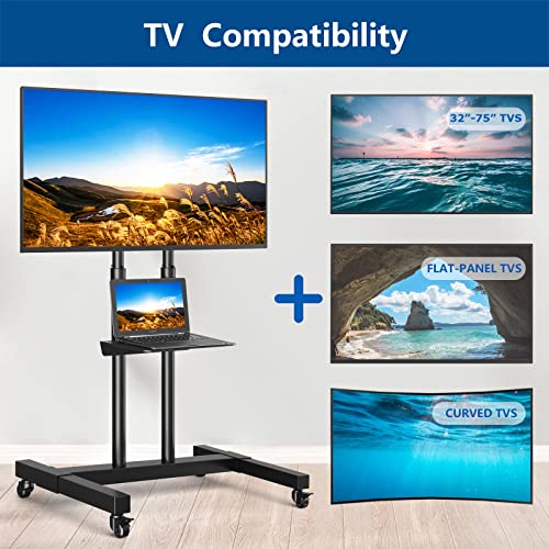 Mobile TV Cart for 32-75 Inch Screens up to 110 lbs, Height Adjustable Rolling TV Stand with Locking Wheels and Metal Shelf, Portable Outdoor Floor TV Stand Movable Monitor Holder for Home Office