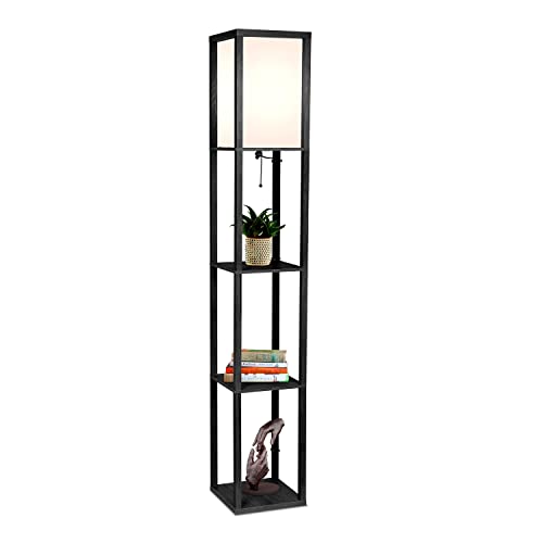 Brightech Maxwell - Modern Shelf Floor Lamp with Lamp Shade and LED Bulb - Corner Display Floor Lamps with Shelves for Living Room, Bedroom and Office - Black