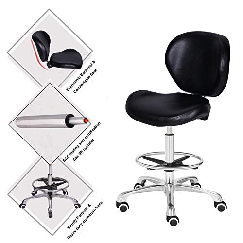 Kaleurrier Adjustable Stools Drafting Chair with Backrest & Foot Rest,Tilt Back,Peneumatic Lifting Height,Swivel Seat,Rolling wheels,for Studio,Dental,Office,Salon and Counter,Home Desk Chairs (Black)