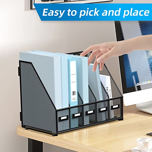 SUPEASY Desk Organizers Metal Desk Magazine File Holder with 5 Vertical Compartments Rack File Organizer for Office Desktop, Home Workspace, Black