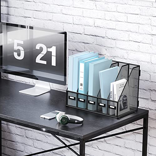 SUPEASY Desk Organizers Metal Desk Magazine File Holder with 5 Vertical Compartments Rack File Organizer for Office Desktop, Home Workspace, Black