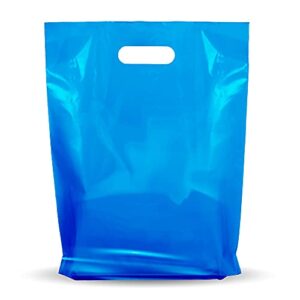blue merchandise plastic shopping bags – 100 pack 9″ x 12″ with 1.25 mil thick – die cut handles – perfect for shopping, party favors, birthdays, children parties – color blue – 100% recyclable