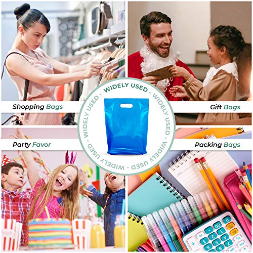 Blue Merchandise Plastic Shopping Bags - 100 Pack 9" x 12" with 1.25 mil Thick - Die Cut Handles - Perfect for Shopping, Party Favors, Birthdays, Children Parties - Color Blue - 100% Recyclable
