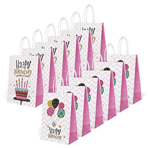 Pasisor 24 Pack Happy Birthday Small Ready-To-Go Gift Bag, Cute Party Favor Paper Bags with Handles Bulk (Pink,Balloon&Cake)