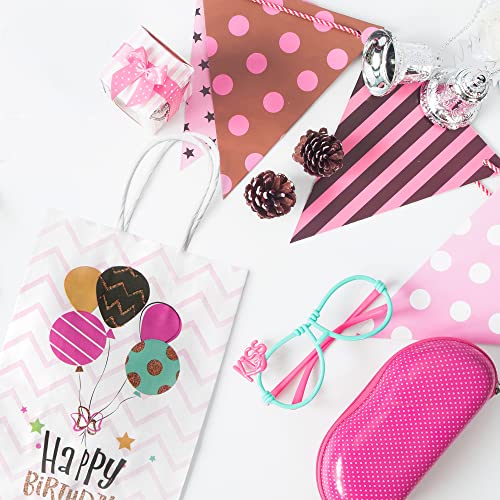 Pasisor 24 Pack Happy Birthday Small Ready-To-Go Gift Bag, Cute Party Favor Paper Bags with Handles Bulk (Pink,Balloon&Cake)