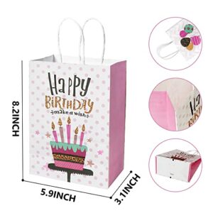 Pasisor 24 Pack Happy Birthday Small Ready-To-Go Gift Bag, Cute Party Favor Paper Bags with Handles Bulk (Pink,Balloon&Cake)