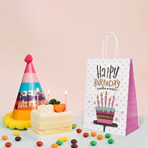 Pasisor 24 Pack Happy Birthday Small Ready-To-Go Gift Bag, Cute Party Favor Paper Bags with Handles Bulk (Pink,Balloon&Cake)