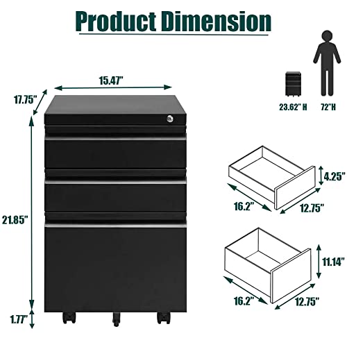 GOOGIC 3-Drawer Mobile File Cabinets Rolling Metal Filing Cabinet for Legal & Letter File Anti-tilt Design with Lock Under Desk Office Drawers Fully Assembled Except Casters Black