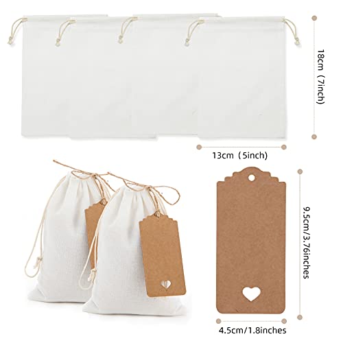 20 Pieces Cotton Drawstring Bags,5 x 7 Inch White Small Gift Bags Breathable Packing Pouches Reusable Muslin Storage Bags with Taps and Ropes Perfect for Wedding Birthday Favors Party Craft Birdal Shower and Organizing