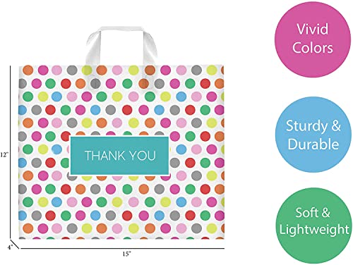 Purple Q Crafts Printed Polka Dot Thank You Bag. 50 PACK 15"x12". Frosted Soft Loop Shopping Bag with Gusset for Merchandise, Boutiques…