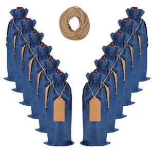 reusable burlap wine bag, 12 pcs wine bottle gift bags with drawstring,tags and ropes for gift,christmas,wedding,birthday, holiday party,etc. (blue)