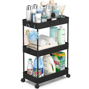 spacelead 3 tier rolling cart with wheels, storage craft art cart trolley organizer serving cart, 3 hanging baskets easy assembly, for office, living room, kitchen, black