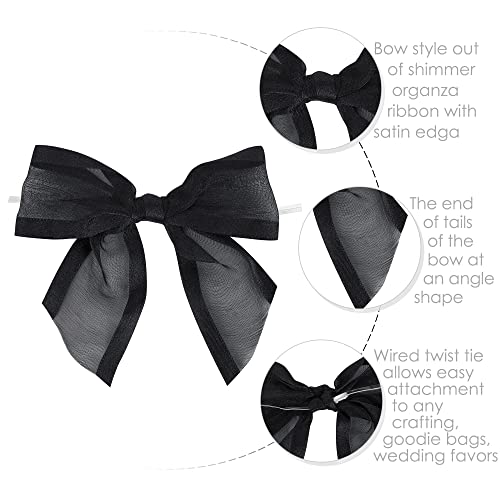 AIMUDI Black Bows for Crafts 4" Premade Black Twist Tie Bows for Treat Bags Pre-Tied Black Organza Ribbon Bows for Gift Wrapping, Cake Pop Bows, Wedding Favor, Baby Shower, Party Decoration -12 Counts