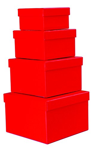 Cypress Lane Square Rigid Gift Box, a Nested Set of 4, 3.5x3.5x2 to 6x6x4 inches (Red)