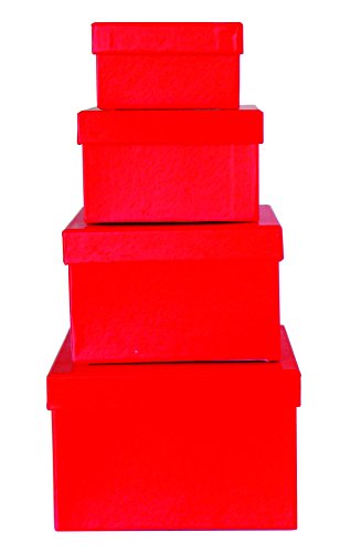 Cypress Lane Square Rigid Gift Box, a Nested Set of 4, 3.5x3.5x2 to 6x6x4 inches (Red)