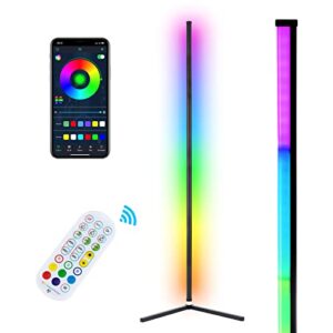 rgb corner floor lamp, bluetooth app and remote control music sync led modern floor lamp for living room, rgbic technology, light timing, 398 dimmable modes, 64.5″ rgb color changing mood lighting