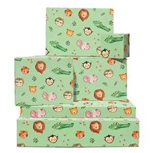 jungle wrapping paper – 6 sheets of green gift wrap with tags – elephant lion monkey tiger crocodile – safari wrapping paper for kids boys girls – for birthday or baby shower – central 23