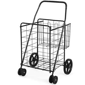 goplus jumbo folding shopping cart with rolling swivel wheels, foldable grocery cart on wheels with double basket, heavy duty utility cart, shopping carts for groceries laundry book luggage travel