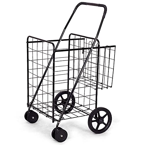 Goplus Jumbo Folding Shopping Cart with Rolling Swivel Wheels, Foldable Grocery Cart on Wheels with Double Basket, Heavy Duty Utility Cart, Shopping Carts for Groceries Laundry Book Luggage Travel