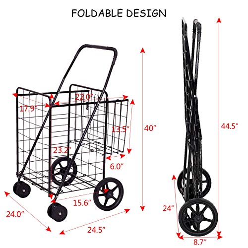 Goplus Jumbo Folding Shopping Cart with Rolling Swivel Wheels, Foldable Grocery Cart on Wheels with Double Basket, Heavy Duty Utility Cart, Shopping Carts for Groceries Laundry Book Luggage Travel