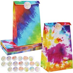 PHOGARY 24 PCS Tie Dye Party Favor Gift Bags (Mid Size), Candy Goodie Paper Bags with Sickers, Colorful Treat Bags for Kids Birthday Party FavorWrap