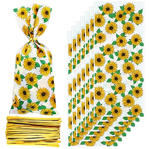 100 Pieces Sunflower Cellophane Bags Sunflower Party Reception Bags Sunflower Party Treat Candy Bags Sunflower Plastic Goodie Storage Bags with 150 Pieces Gold Twist Ties for Party Favors