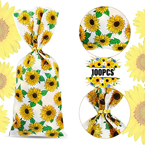 100 Pieces Sunflower Cellophane Bags Sunflower Party Reception Bags Sunflower Party Treat Candy Bags Sunflower Plastic Goodie Storage Bags with 150 Pieces Gold Twist Ties for Party Favors