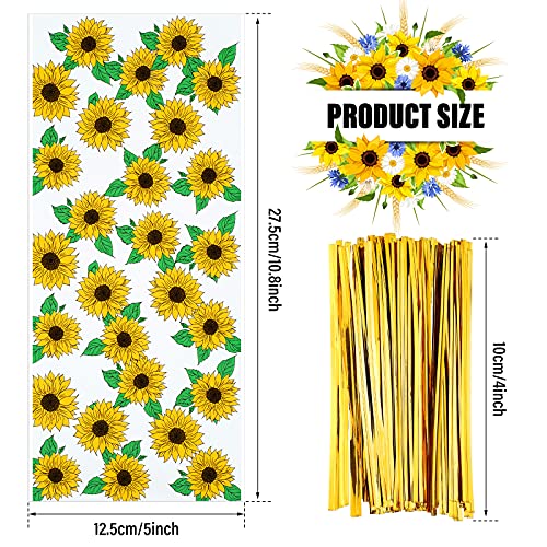 100 Pieces Sunflower Cellophane Bags Sunflower Party Reception Bags Sunflower Party Treat Candy Bags Sunflower Plastic Goodie Storage Bags with 150 Pieces Gold Twist Ties for Party Favors