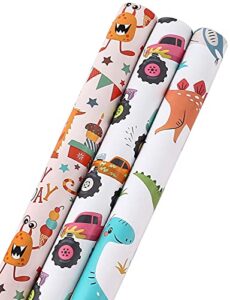 camkuzon birthday wrapping paper rolls for kids boys girls baby shower holiday – cartoon dinosaur, monster truck and happy party designs gift wrap – pack of 3, 17.7 inch x 10 feet per roll