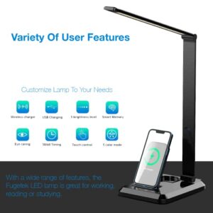 Fugetek LED Desk Office Lamp with Wireless Charger & USB Charging Port, Touch Control, 5 Lighting Modes, 30/60 Min Auto Timer, Eye-Caring, Dimmer, Black