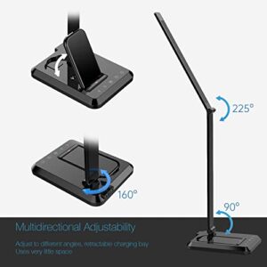 Fugetek LED Desk Office Lamp with Wireless Charger & USB Charging Port, Touch Control, 5 Lighting Modes, 30/60 Min Auto Timer, Eye-Caring, Dimmer, Black