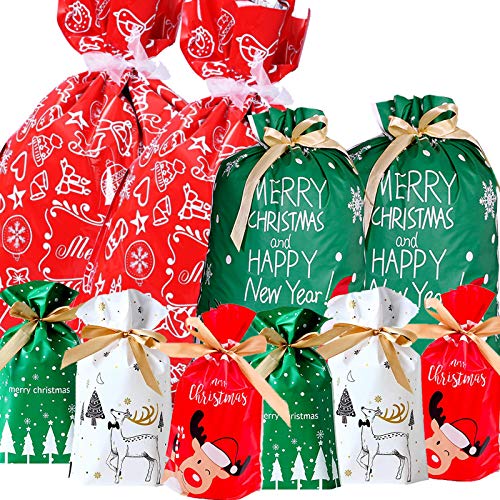 Funnlot Christmas Drawstring Gift Bags 32PCS in 7 Styles Christmas Wrapping Bags Xmas Treats Bags Christmas Party Favor Pouch Goody Sweet Treat Candy Bags with Ribbon Ties Christmas Gift Bags Drawstring