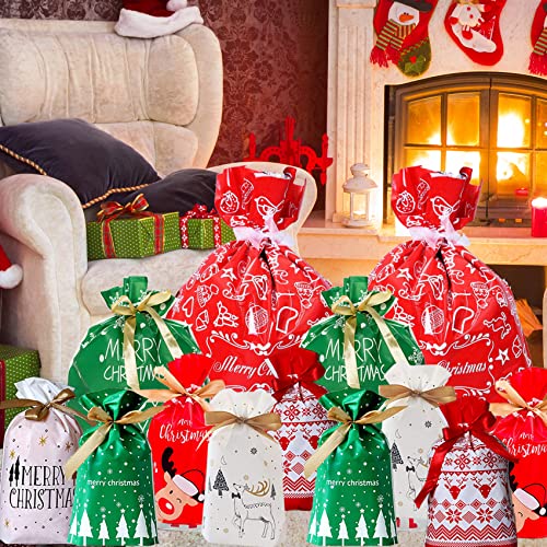 Funnlot Christmas Drawstring Gift Bags 32PCS in 7 Styles Christmas Wrapping Bags Xmas Treats Bags Christmas Party Favor Pouch Goody Sweet Treat Candy Bags with Ribbon Ties Christmas Gift Bags Drawstring