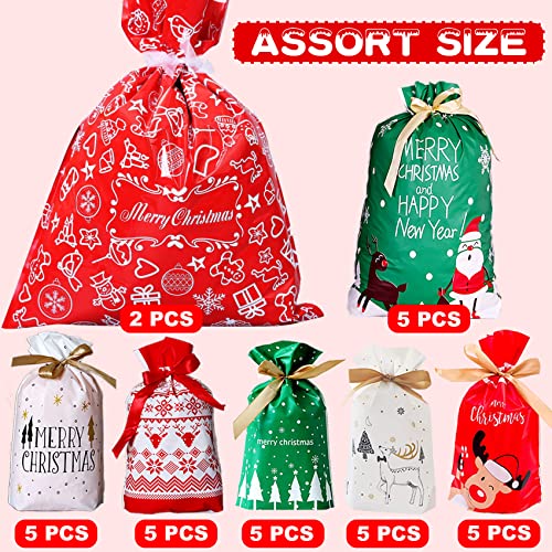 Funnlot Christmas Drawstring Gift Bags 32PCS in 7 Styles Christmas Wrapping Bags Xmas Treats Bags Christmas Party Favor Pouch Goody Sweet Treat Candy Bags with Ribbon Ties Christmas Gift Bags Drawstring