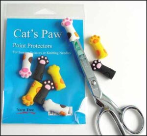 knitting needle or sewing scissors point protectors – cat’s paw design – set of 6 – 3 colors – scissors in pic not included