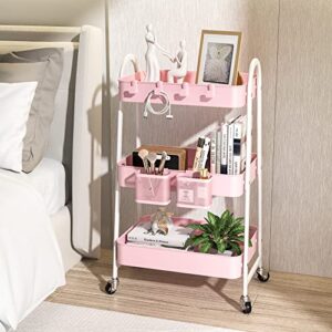 KINGRACK 3 Tier Utility Rolling Cart,Metal Rolling Storage Cart,Craft Art Cart with Handle and Locking Wheels & 2 Hanging Baskets 4 Hooks for Bathroom,Kids'Room,Classroom,Bedroom,Pink