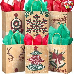 joyin 24 pcs christmas kraft bags, paper gift bags with christmas characters for xmas party favors, goody gift bags, holiday treat box and presents 7.25x9x3.5 inch (not included tissue paper)