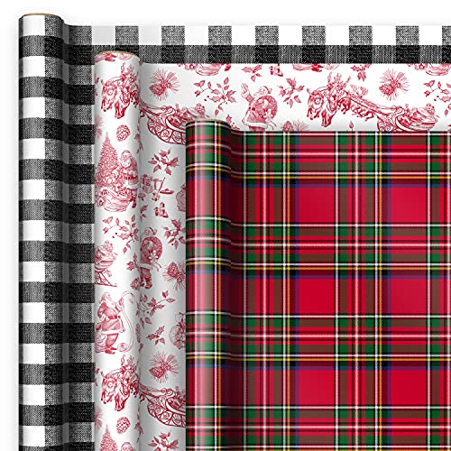 Hallmark Holiday Wrapping Paper with Cutlines and Optional DIY Bow Templates on Reverse (3 Rolls: 120 Sq. Ft. Ttl) Red Toile, Black and White Buffalo Check, Christmas Plaid