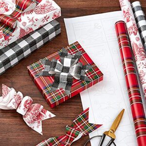 Hallmark Holiday Wrapping Paper with Cutlines and Optional DIY Bow Templates on Reverse (3 Rolls: 120 Sq. Ft. Ttl) Red Toile, Black and White Buffalo Check, Christmas Plaid