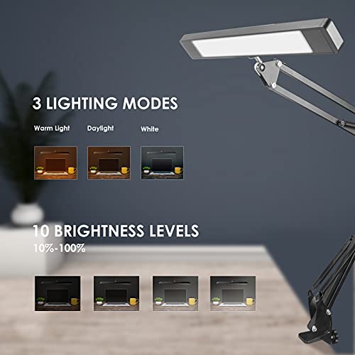 Wellwerks LED Desk Lamp, Swing Arm Lamp with Architect Clamp, 3 Color Modes, 10 Dimmable Brightness, Adjustable Desk Light Eye-Care Table Lamp, Desk Lamps for Home Office, Study, Reading