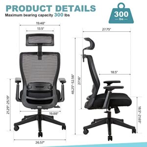 H HONSIT Big and Tall Office Chair- Ergonomic Mesh Office Chair with 3D Armrest, Adjustable Headrest and Sponge Lumbar Support, Comfortable Tilt Function Executive Swivel Office Chair,300lbs