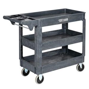 tuffiom plastic service utility cart with wheels, 550lbs capacity, heavy duty tub w/deep shelves, multipurpose rolling 3-tier mobile storage organizer, for warehouse garage industrial cart