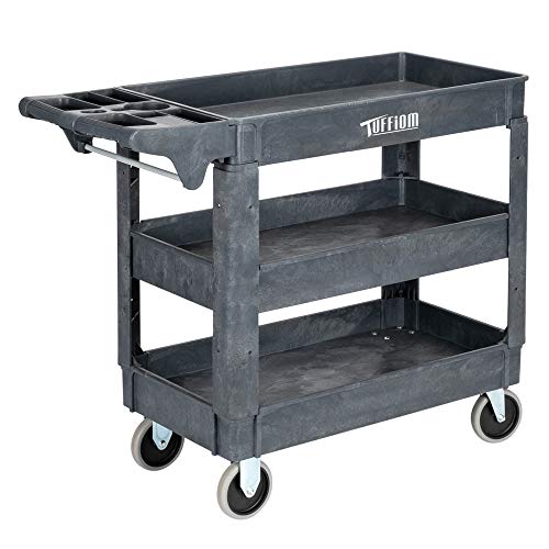 TUFFIOM Plastic Service Utility Cart with Wheels, 550lbs Capacity, Heavy Duty Tub W/Deep Shelves, Multipurpose Rolling 3-Tier Mobile Storage Organizer, for Warehouse Garage Industrial Cart