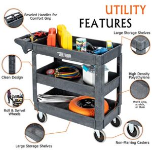 TUFFIOM Plastic Service Utility Cart with Wheels, 550lbs Capacity, Heavy Duty Tub W/Deep Shelves, Multipurpose Rolling 3-Tier Mobile Storage Organizer, for Warehouse Garage Industrial Cart