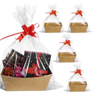 aoibrloy basket for gifts empty, kraft basket with handles gift basket kit with 5 empty gift baskets, 5 bags and 5 bows, gift packages for valentine’s day, wedding, birthday party gift wrapping