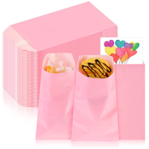 Geyee 200 Pcs Pink Small Paper Treat Sacks 3.1 x 5.9 Inches Candy Buffet Bags Small Flat Kraft Paper Bags Bulk for Snack Cookie Popcorn Candy Sandwich Gift Party