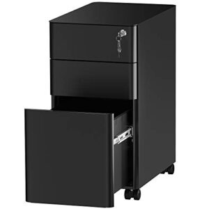 yitahome 3-drawer slim file cabinet with lock, mobile metal office storage filing cabinet, legal/letter size, pre-assembled file cabinet except wheels under desk – black