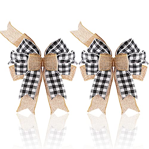 2 Pieces Black White Plaid Burlap Bows Large Buffalo Plaid Wreath Bows Buffalo Check Tree Decorative Bows Rustic Burlap Holiday Craft Bows for Tree Topper Wedding Birthday Party Decor, 9.5 x 13 Inches