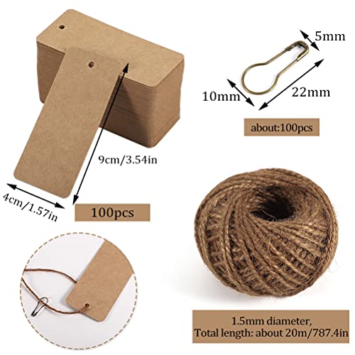 100 pcs Gift Tags with String,Kraft Paper Blank Marking Tags with Safety Pins,Name Tags for Gift Bags Label Clothes Arts and Crafts